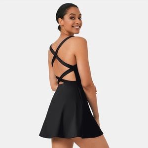 HALARA Crisscross Backless Plain 2-Piece Barre Ballet Dance Flared Dress-Venus